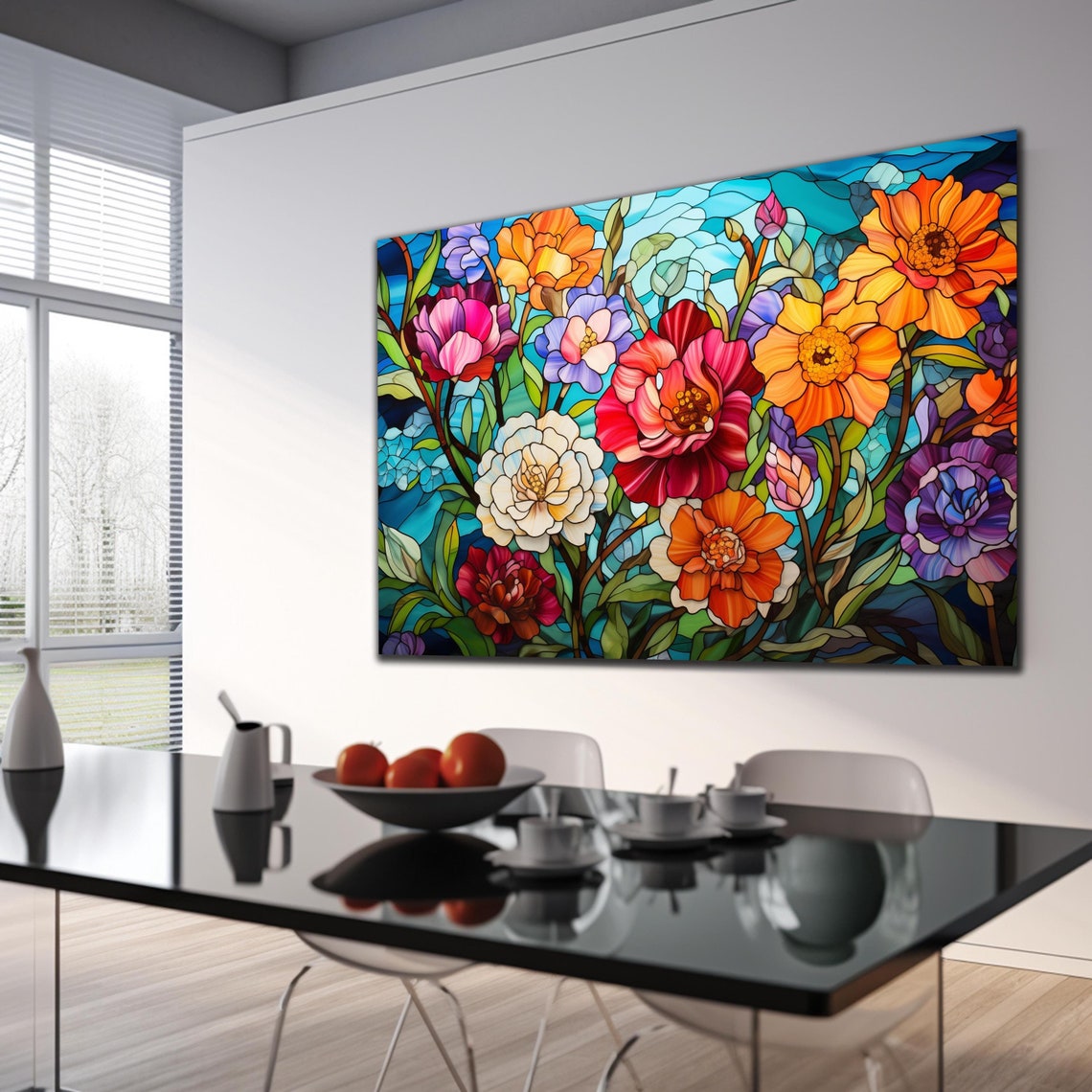 Stained Glass Wildflowers Colorful Bloom Floral Garden Wall Art