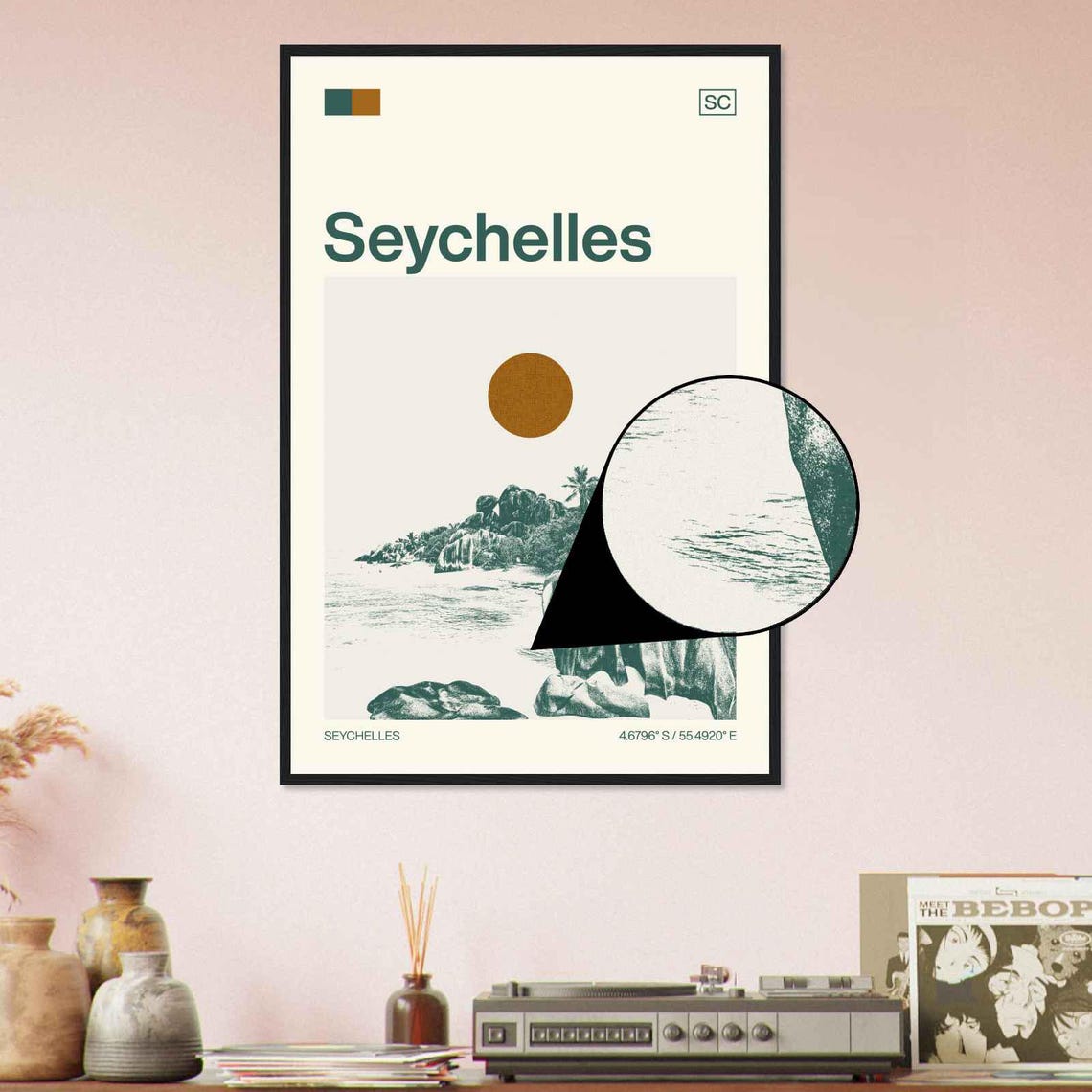 Seychelles Granite Boulder Beach Palm Sun Duotone Travel Poster - Image 4