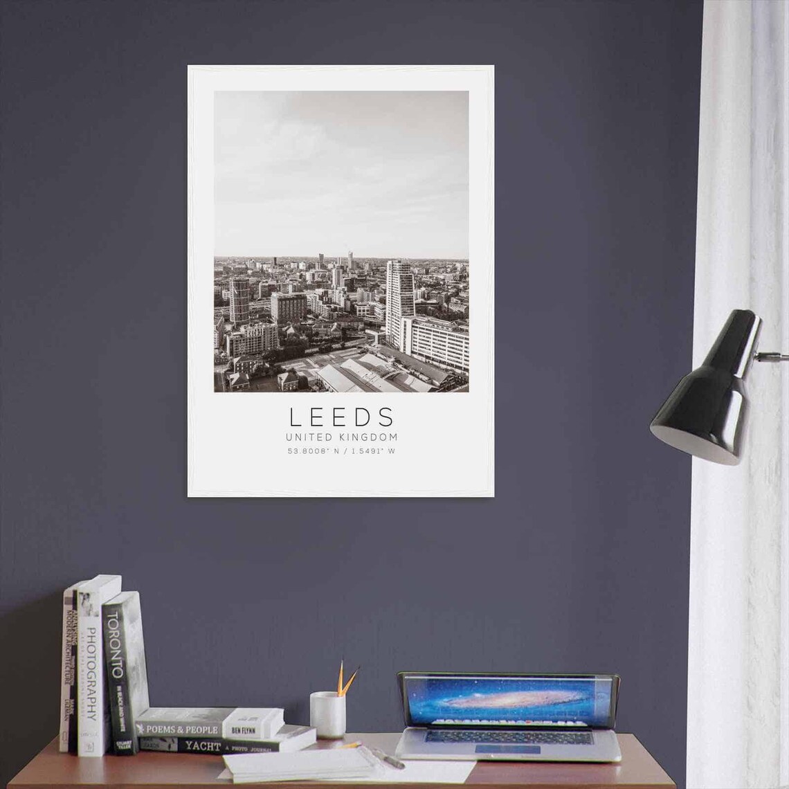 Leeds United Kingdom Black White Aerial City Skyline Travel Poster - Image 3