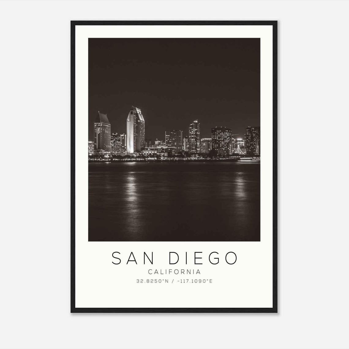 San Diego California Downtown Skyline Night Water Reflection Poster