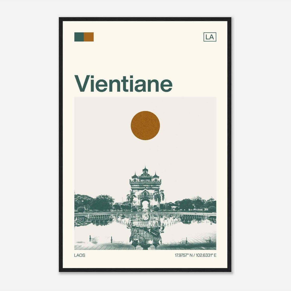 Vientiane Laos Patuxai Monument Reflection Vintage Travel Poster