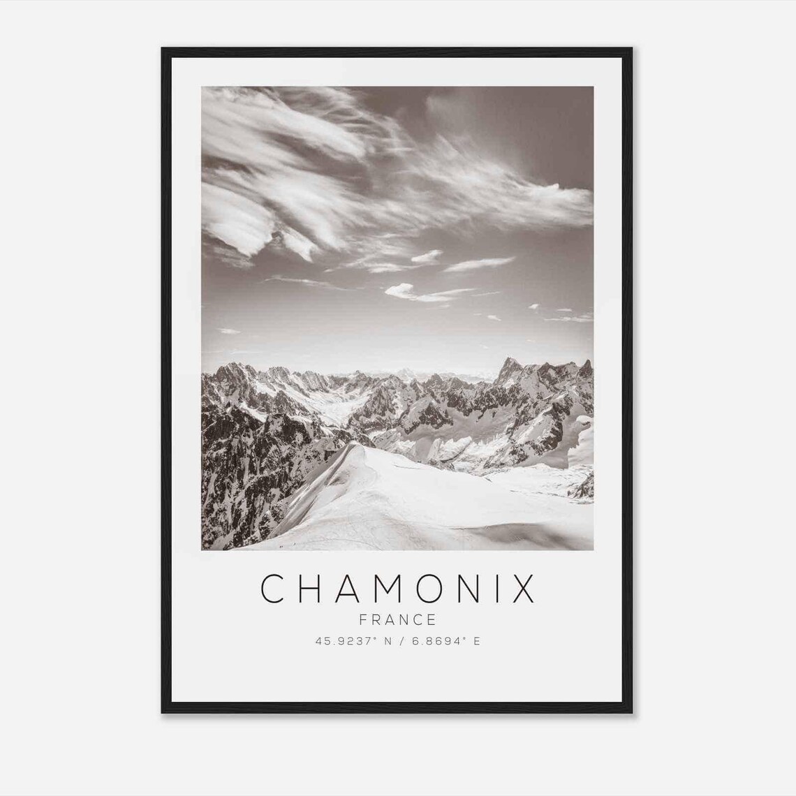 Chamonix France Mont Blanc Snow Peaks Black and White Travel Poster