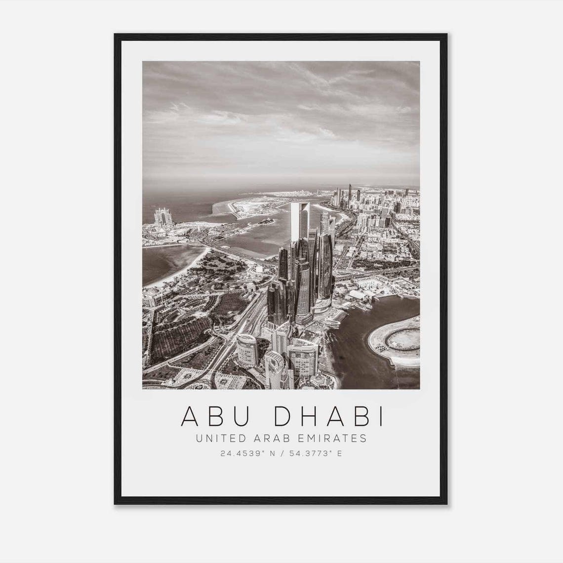 Abu Dhabi UAE Black White Aerial Skyline Towers Coast Travel Poster