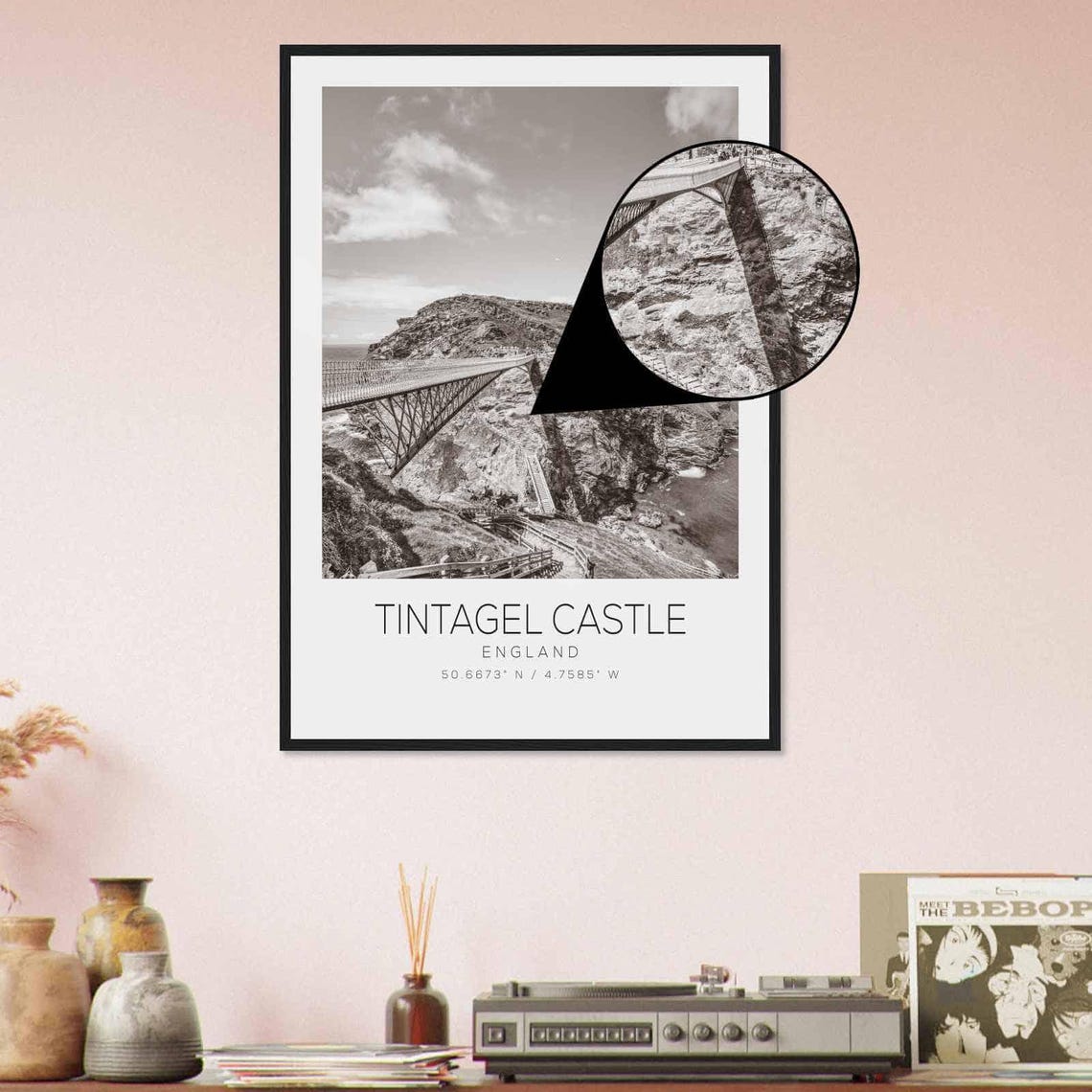 Tintagel Castle England Cliff Footbridge Black and White Photo Poster - Image 4