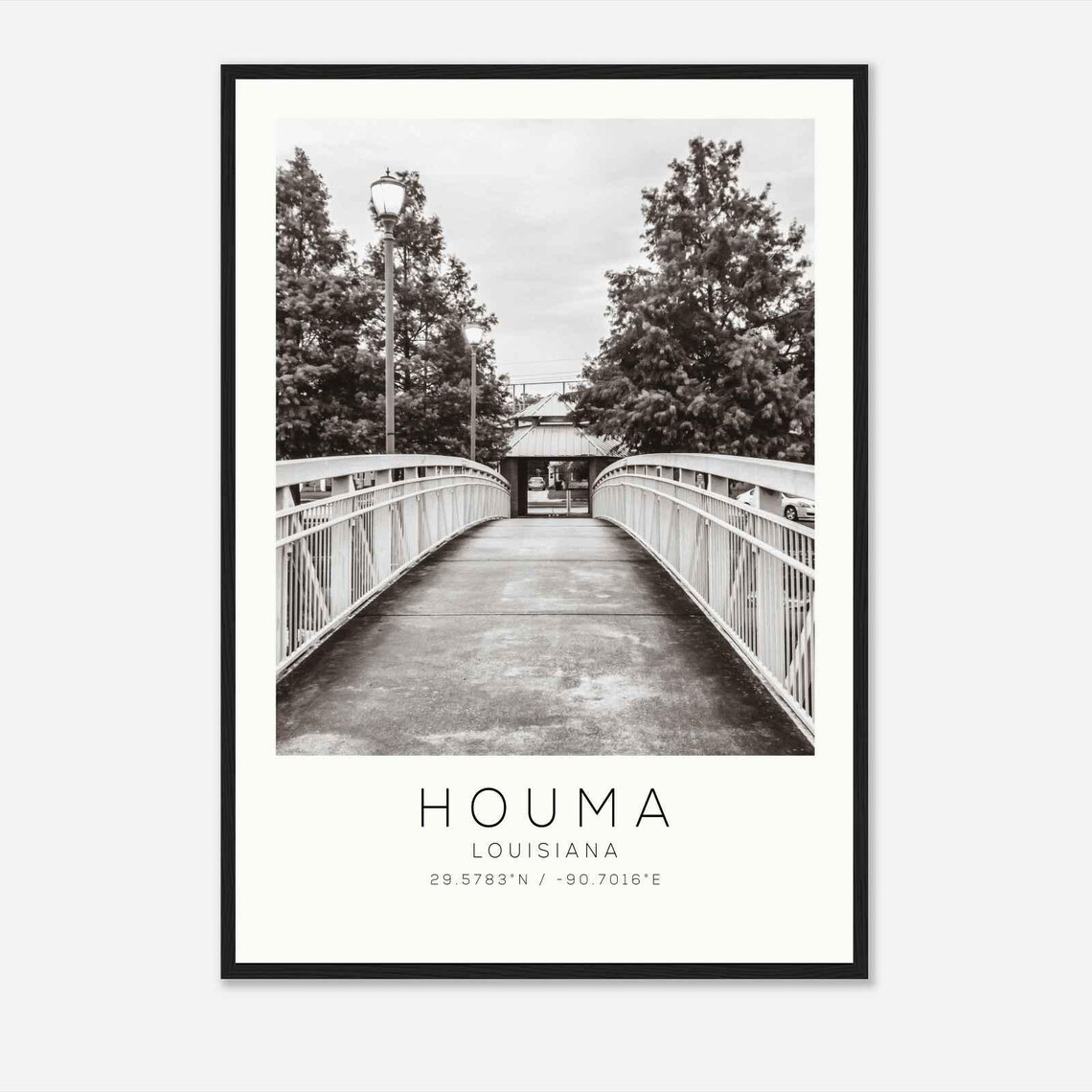 Houma Louisiana Park Footbridge Lamp Posts Black White Travel Poster