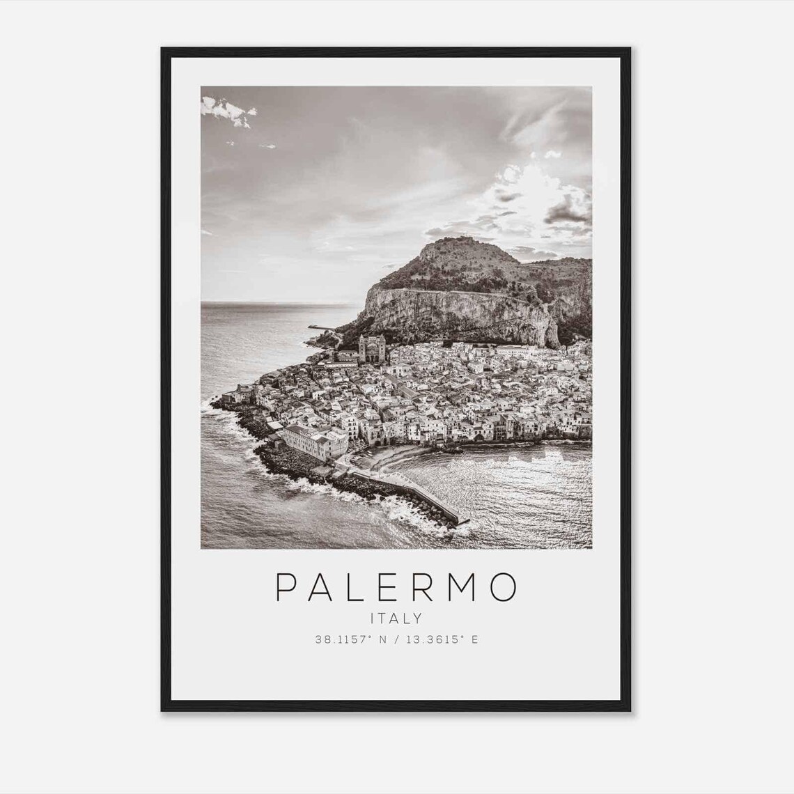 Palermo Italy Aerial Coastal Town Mountain Black White Photo Poster