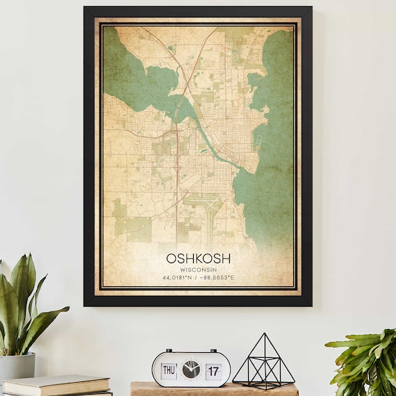 Vintage Oshkosh Wisconsin City Street Map Poster With Coordinates