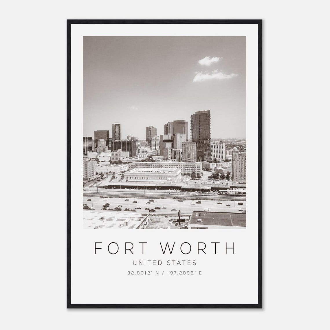 Fort Worth United States Black White Skyline Coordinates Art Poster