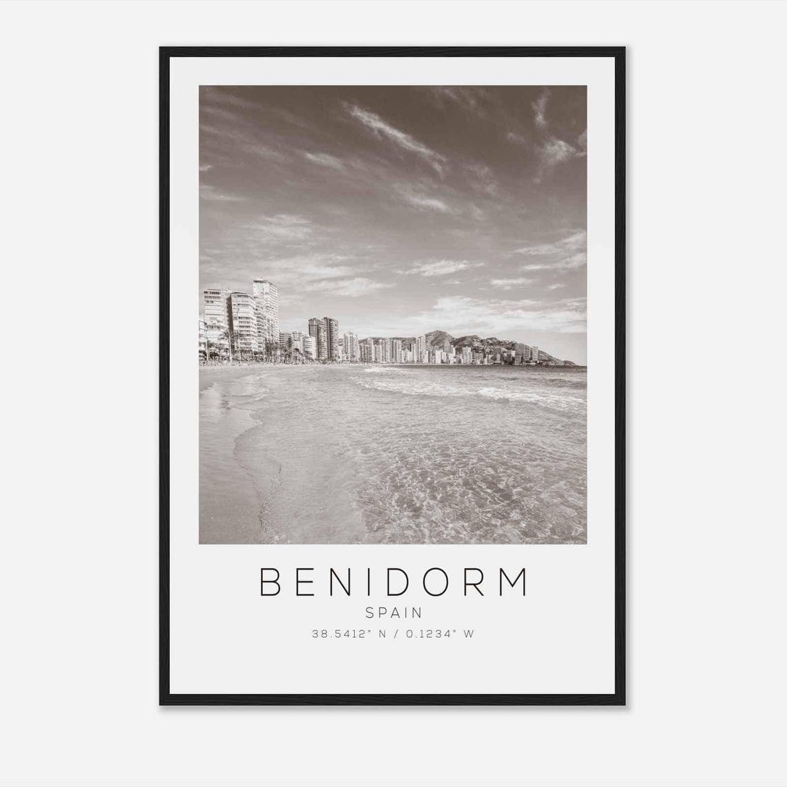 Benidorm Spain Beach Skyline Black White Minimalist Photo Poster