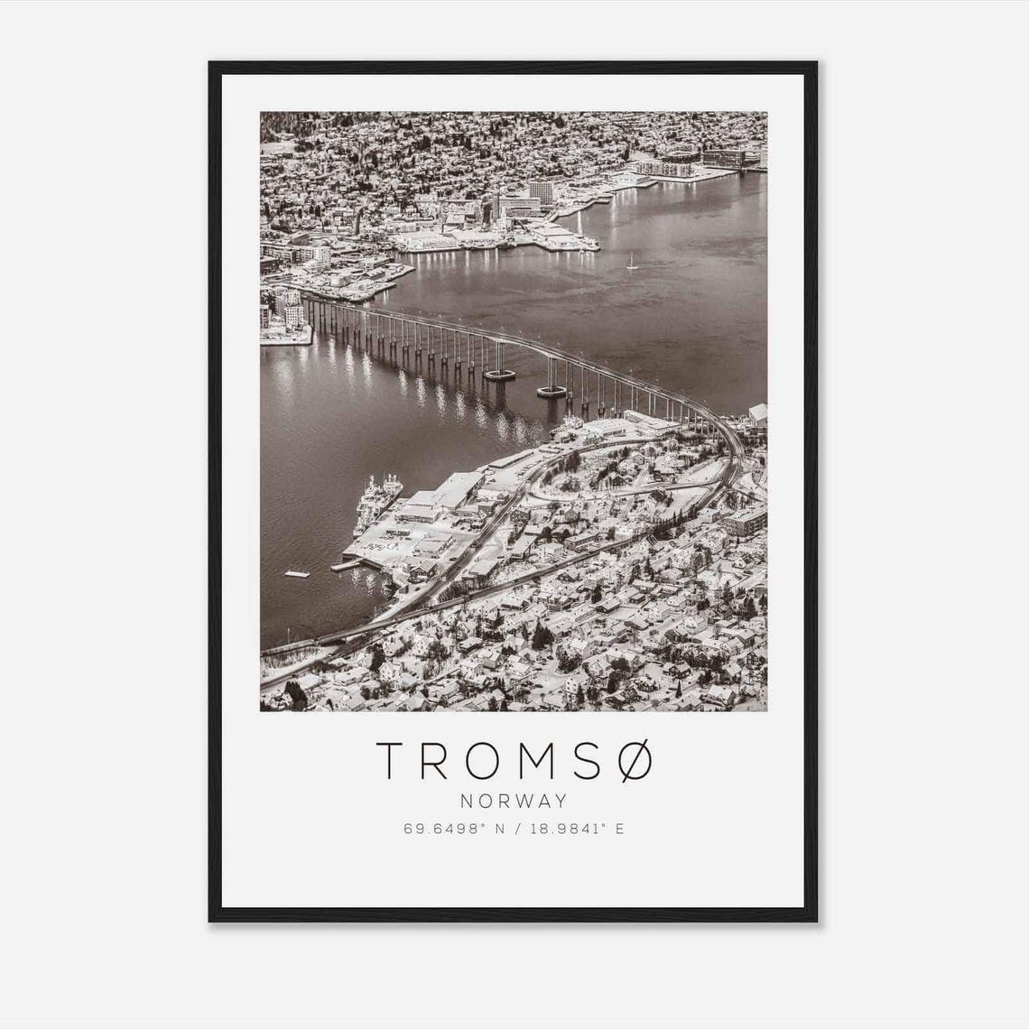 Tromso Norway Snowy City Aerial Bridge View Black White Poster