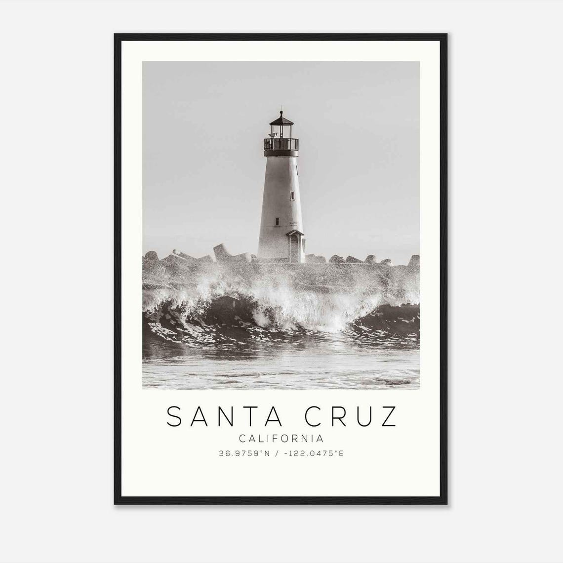 Santa Cruz California Lighthouse Wave Surf Minimalist Photo Poster