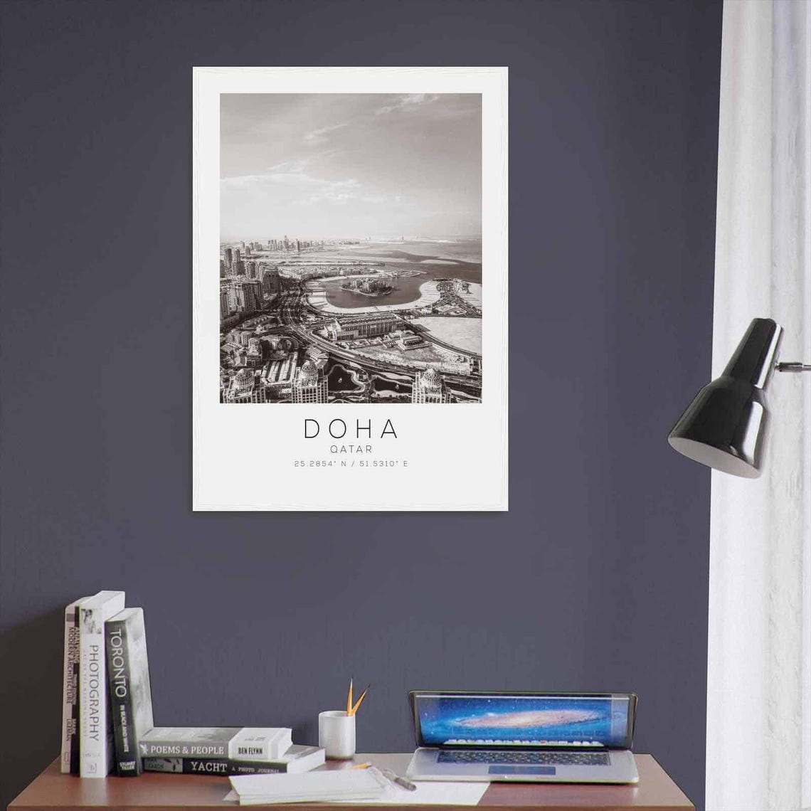 Doha Qatar Black And White Aerial Harbor Skyline Photography Poster - Image 3