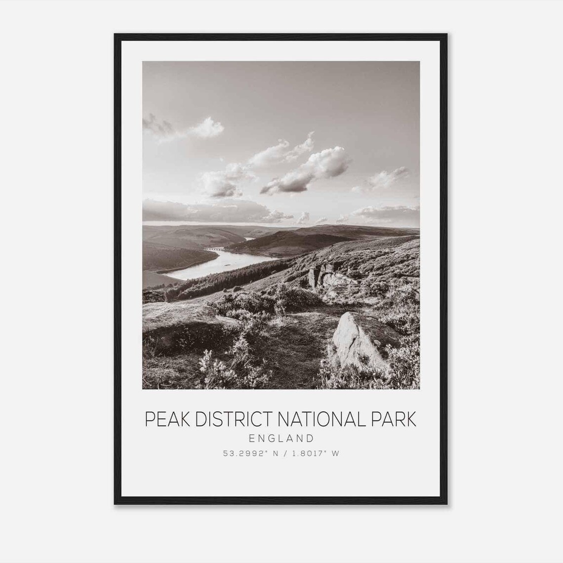 Peak District National Park Reservoir Vista Black White Photo Poster