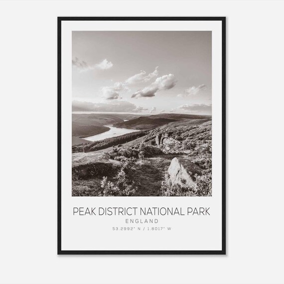 Peak District National Park Reservoir Vista Black White Photo Poster