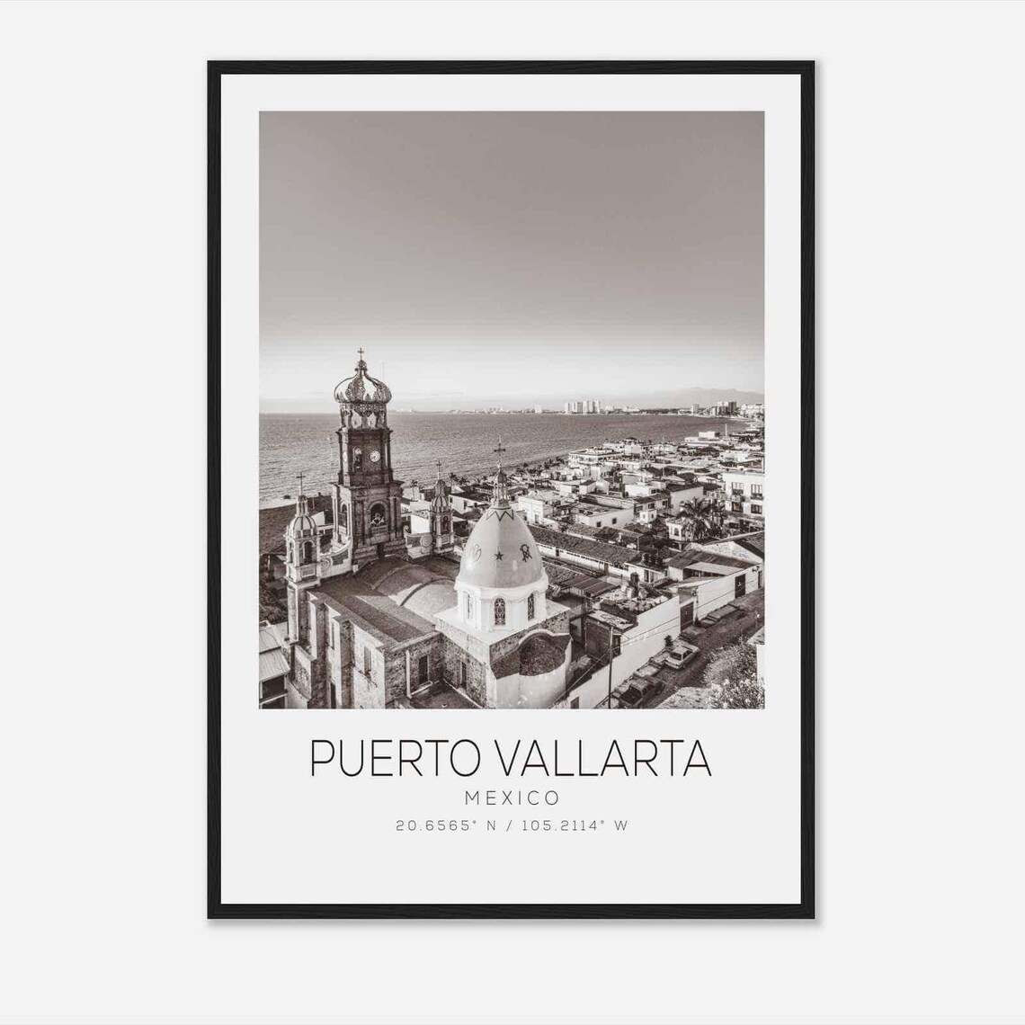 Puerto Vallarta Mexico Guadalupe Church Crown Tower Black White Poster