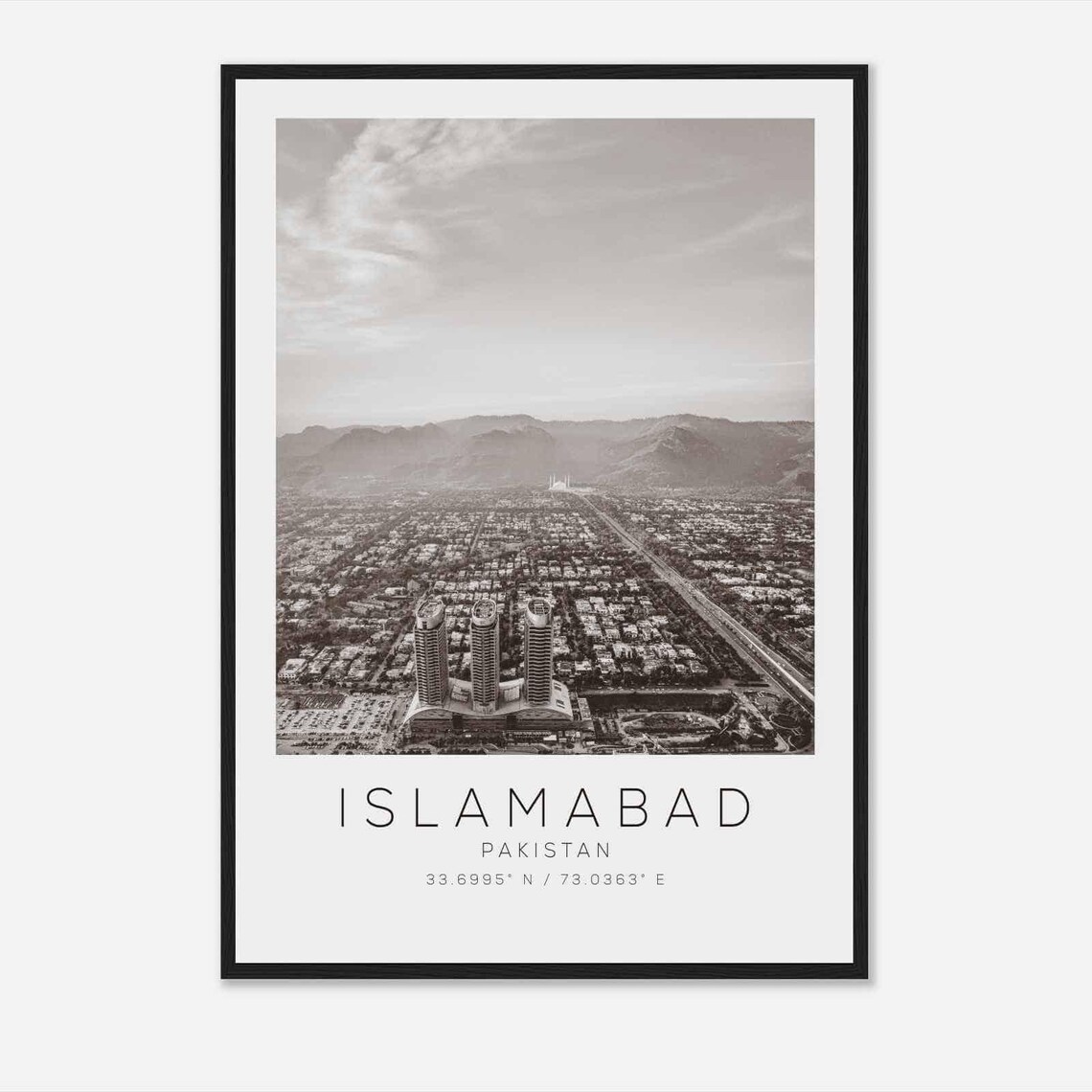 Islamabad Pakistan City Skyline Aerial Black and White Travel Poster