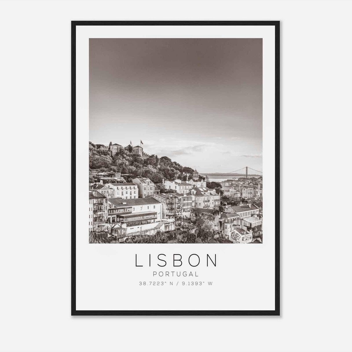 Lisbon Portugal Historic Hillside Old Town Black White Photo Poster
