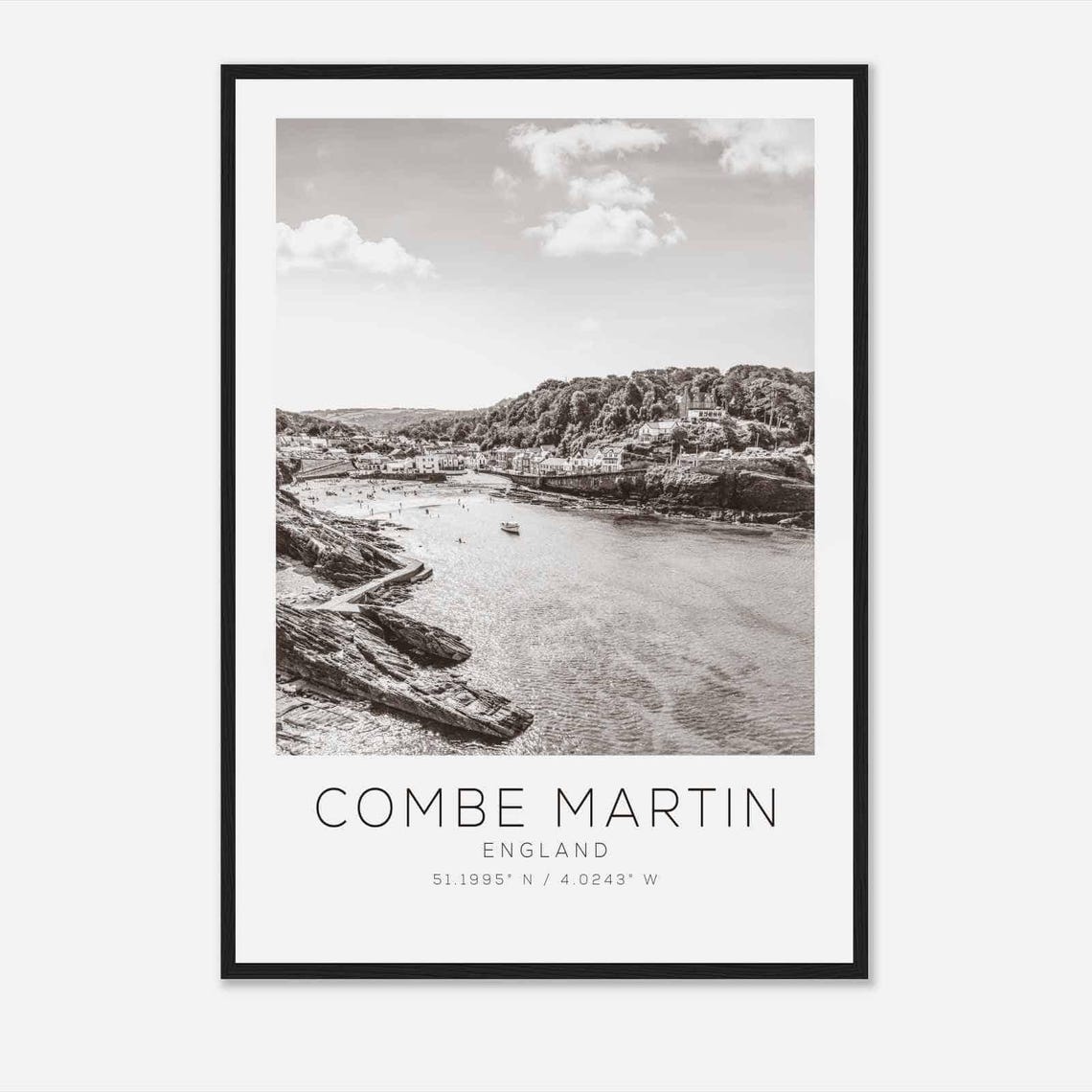 Combe Martin England Coastal Bay Beach Black and White Travel Poster
