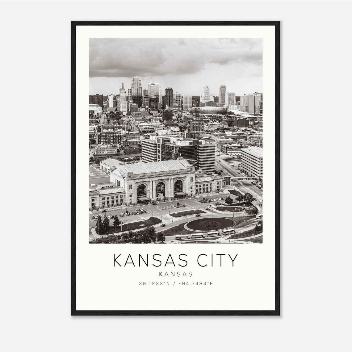 Kansas City Kansas Union Station Skyline Black White Photo Poster