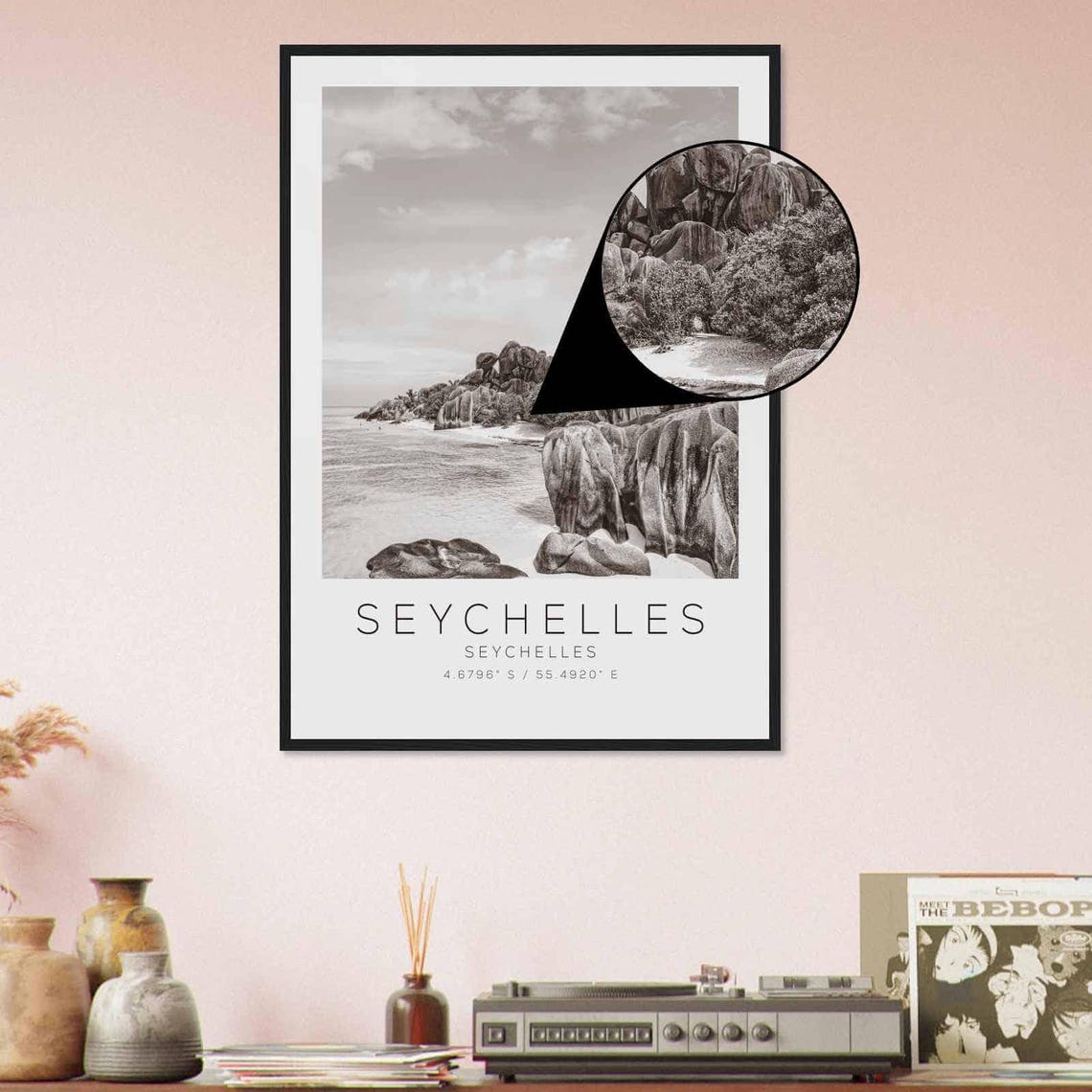 Seychelles Islands Granite Boulder Beach Black and White Poster - Image 4