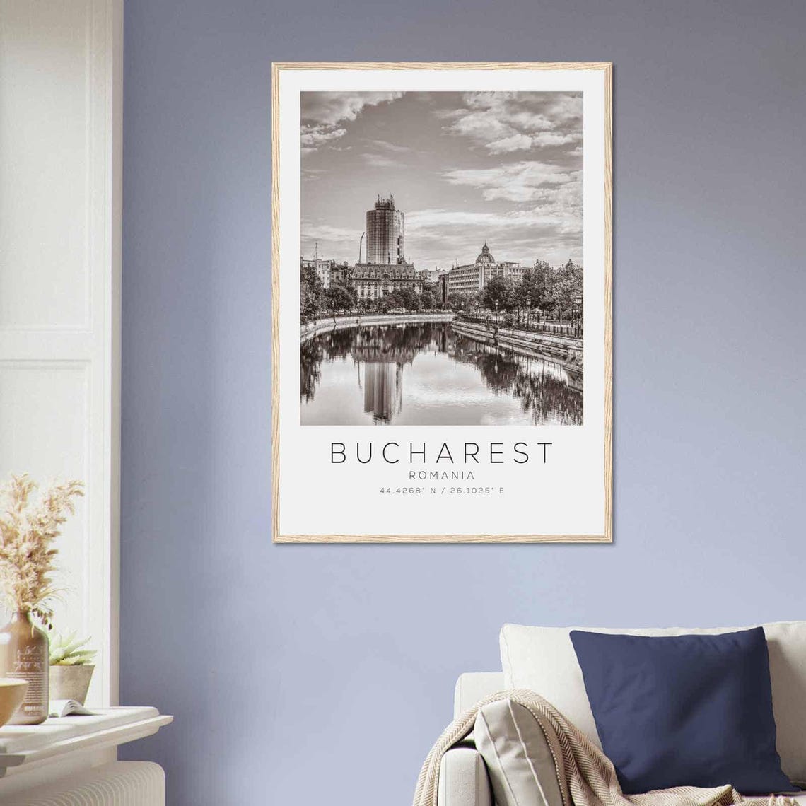 Bucharest Romania River Cityscape Reflections Black White Photo Poster - Image 2