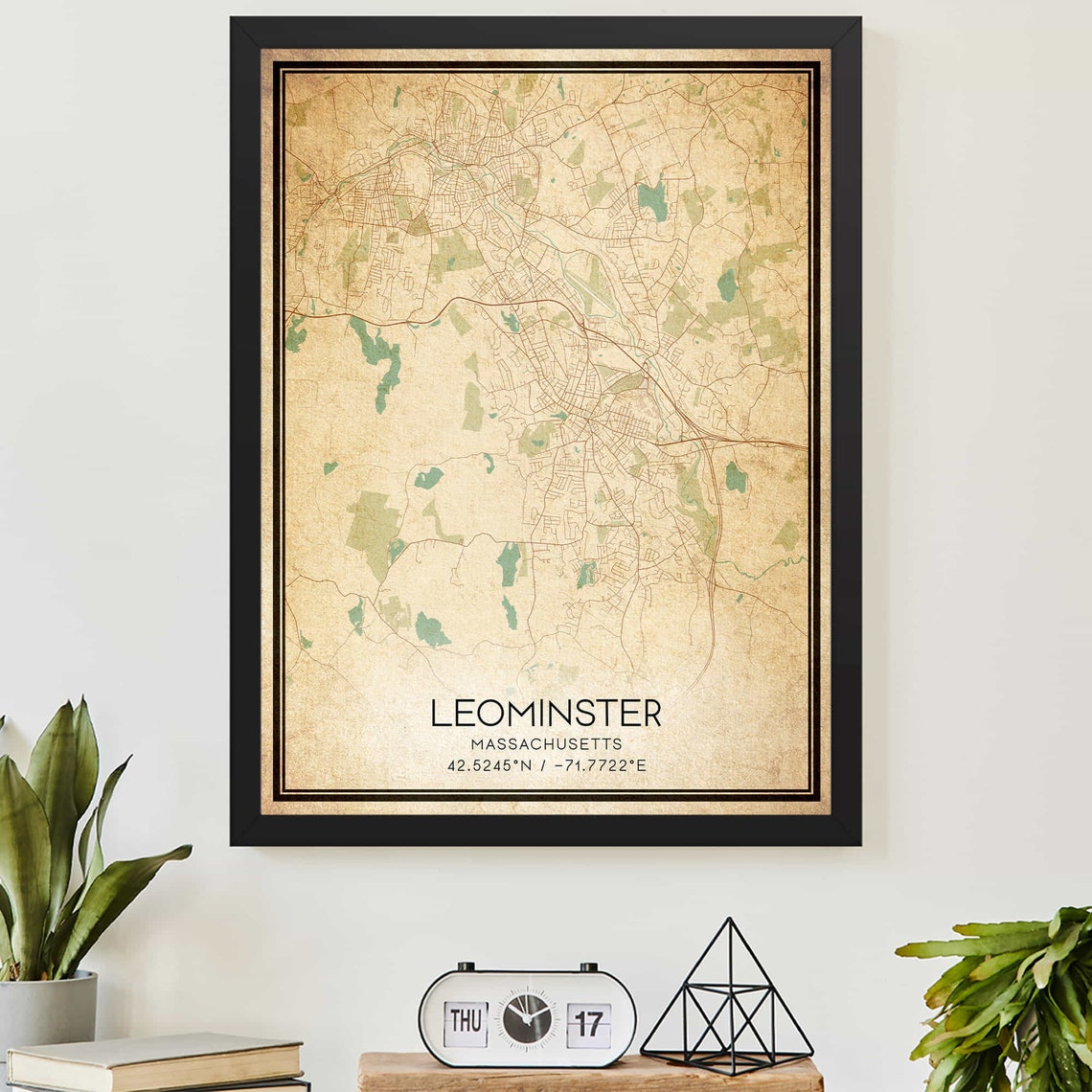 Vintage Leominster Massachusetts City Map Coordinates Poster