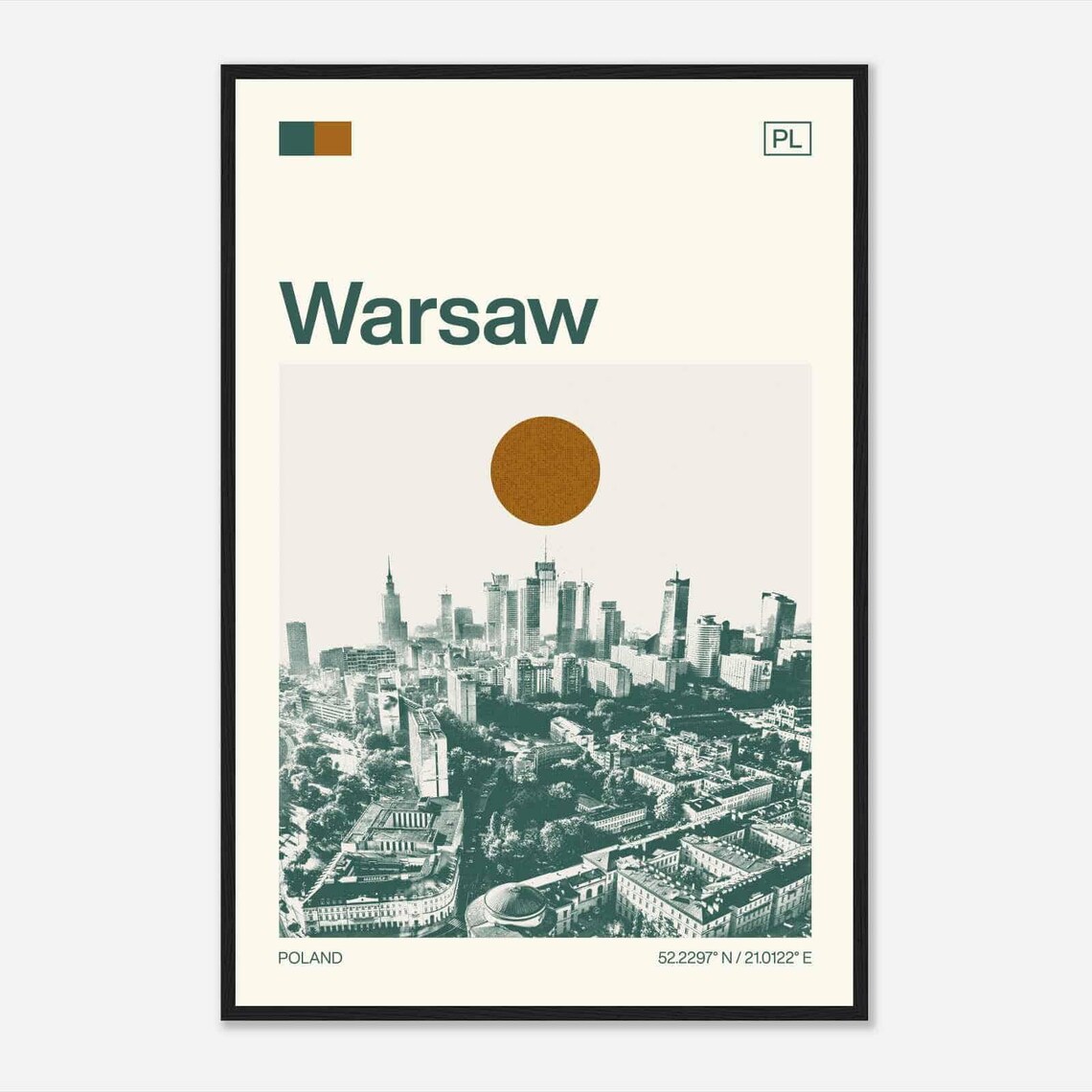 Warsaw Poland Skyline Aerial Cityscape Vintage Travel Poster