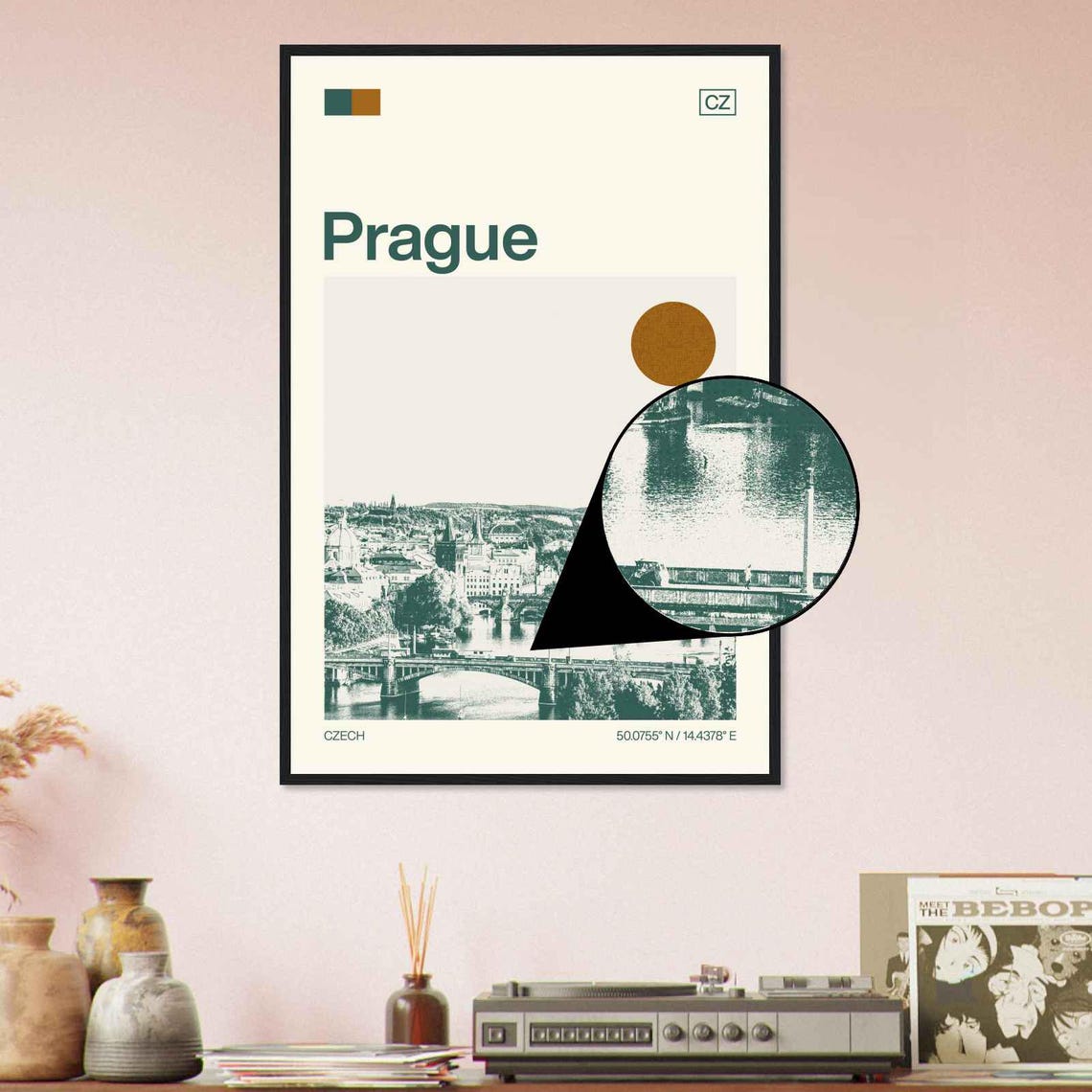 Prague Czech Vltava River Bridges Skyline Sun Duotone Travel Poster - Image 4