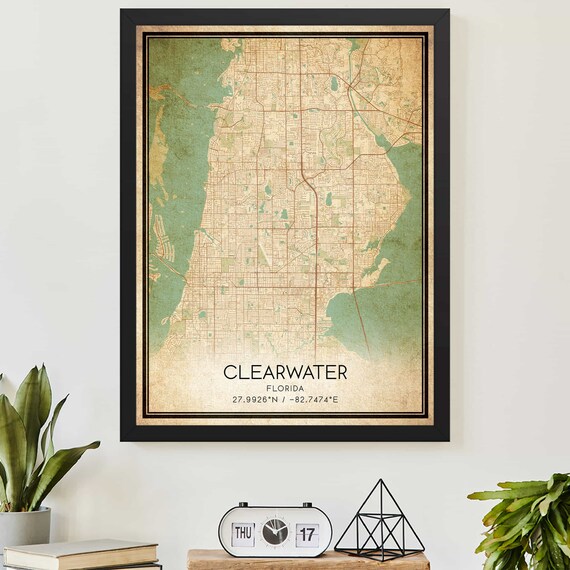 Clearwater Florida Vintage City Map Custom Hometown Wall Decor Poster