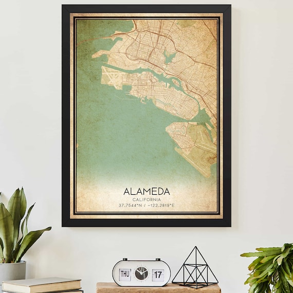 Vintage Alameda California Map Poster Antique Coastal Wall Decor