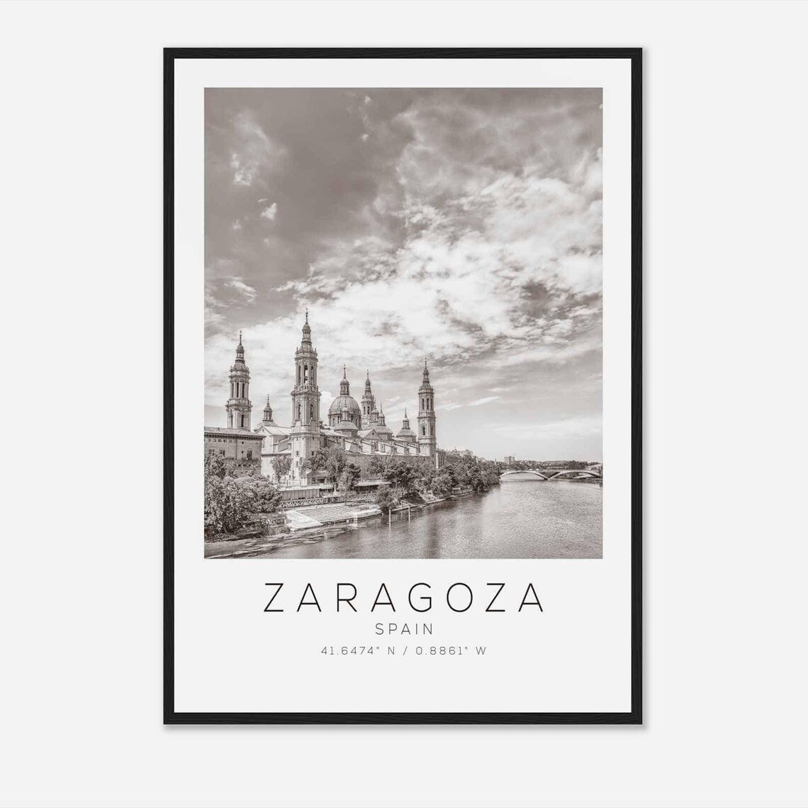 Zaragoza Spain Basilica of the Pillar River Black White Photo Poster