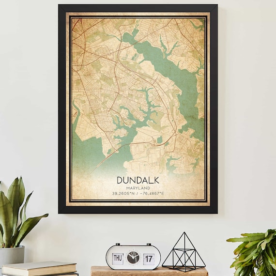 Vintage Dundalk Maryland Map Poster with City Coordinates Decor