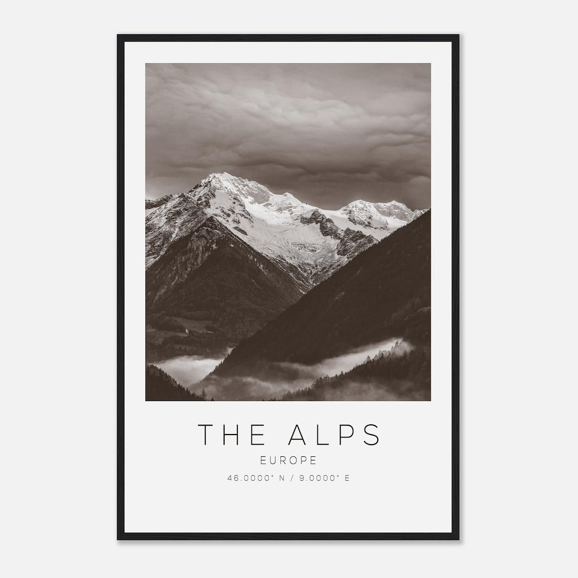 The Alps Europe Black and White Snowy Mountain Peaks Photo Poster
