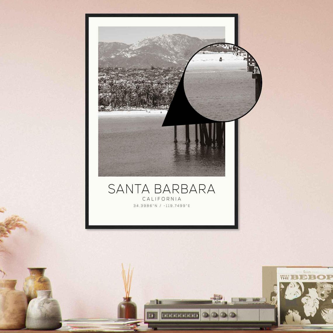 Santa Barbara California Pier Palm Trees Beach Monochrome Photo Poster - Image 4