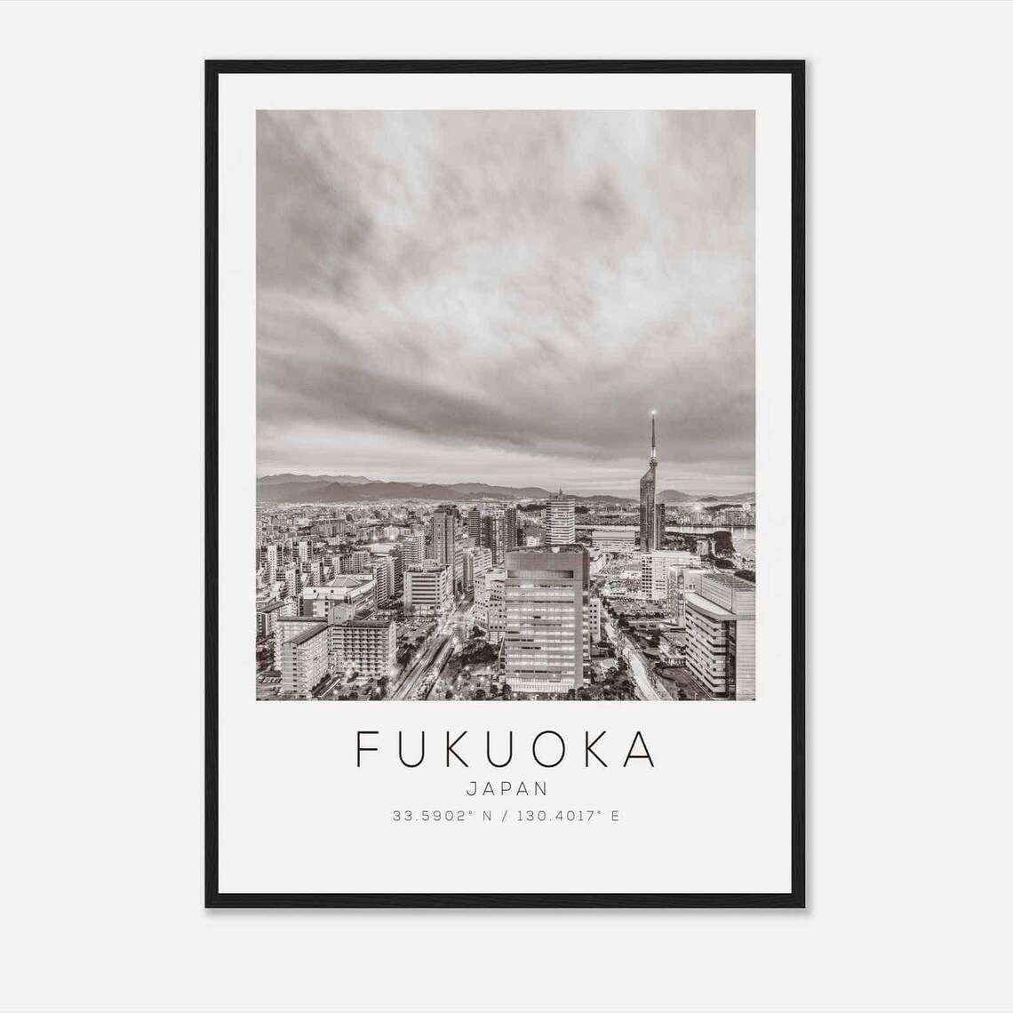 Fukuoka Japan Cityscape Skyline Black and White Travel Poster