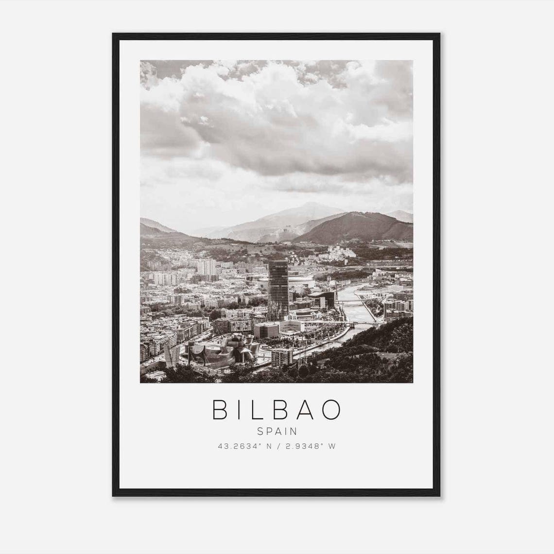 Bilbao Spain Aerial River Cityscape Black White Photo Poster
