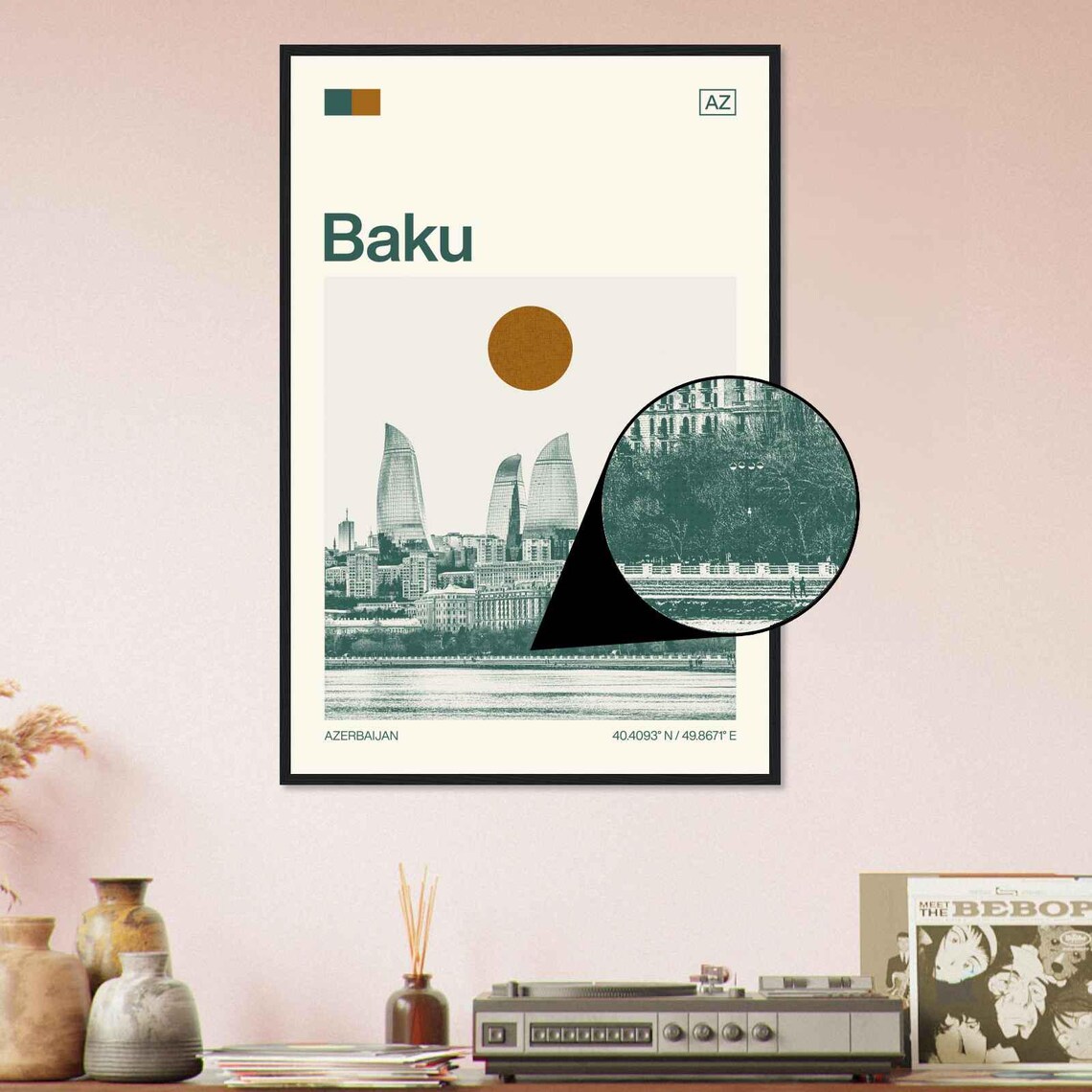 Baku Azerbaijan Flame Towers Skyline Duotone View Art Poster - Image 4