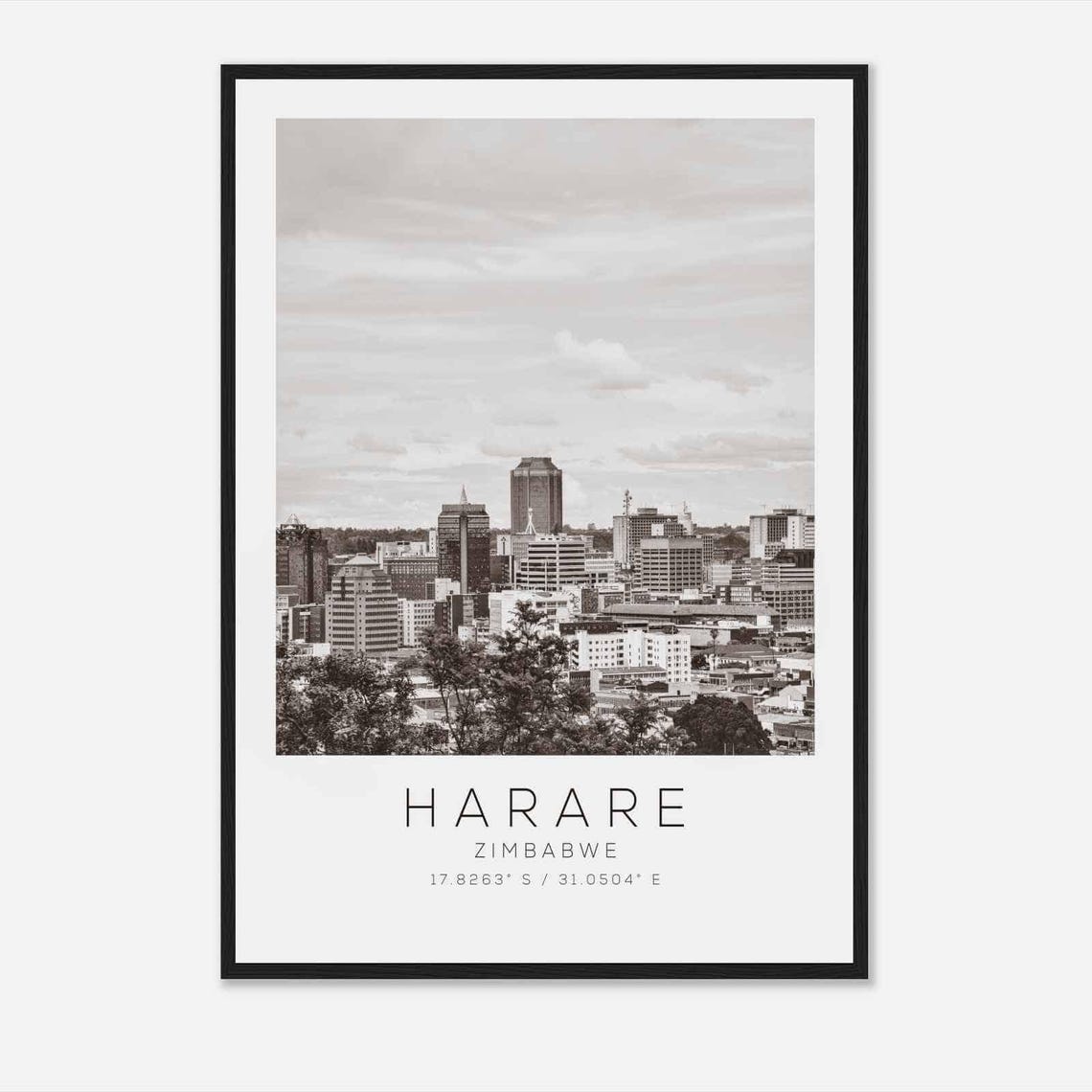 Harare Zimbabwe Black and White City Skyline View Travel Poster