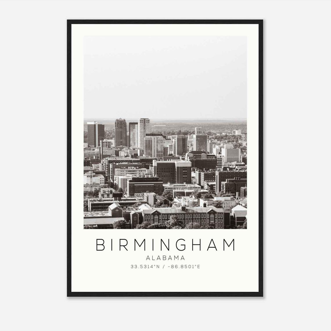 Birmingham Alabama Downtown Skyline Black White Travel Poster