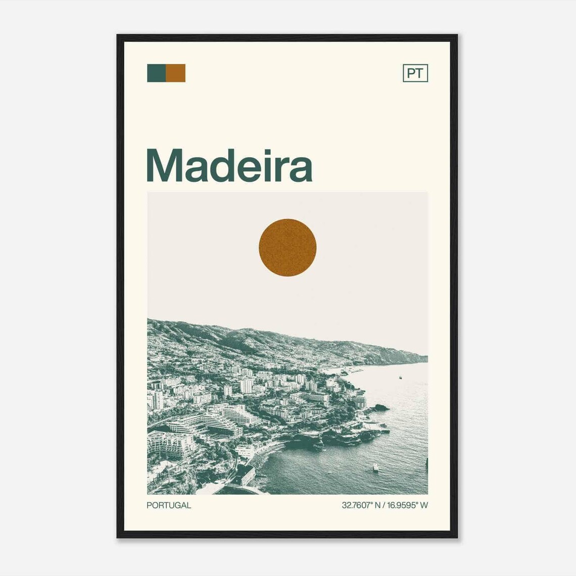 Madeira Portugal Modern Minimalist Coastal City Aerial Art Poster