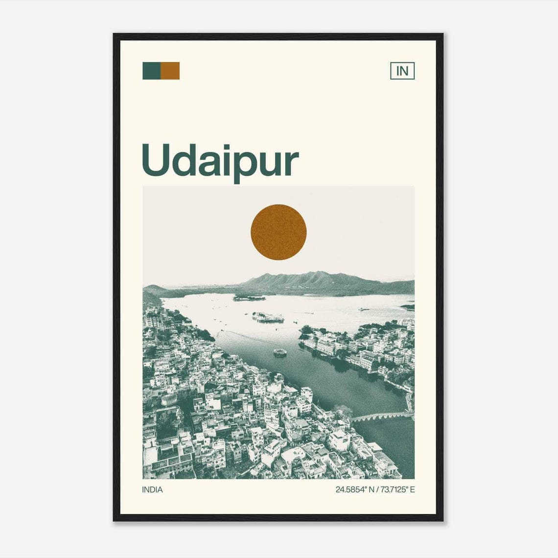 Udaipur India Minimalist Monochrome Lake Palace View Travel Poster