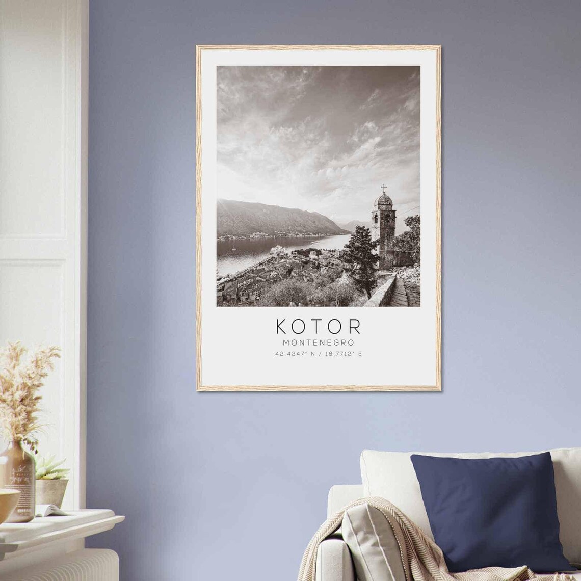 Kotor Montenegro Black White Bay Overlook Hilltop Church Poster - Image 2