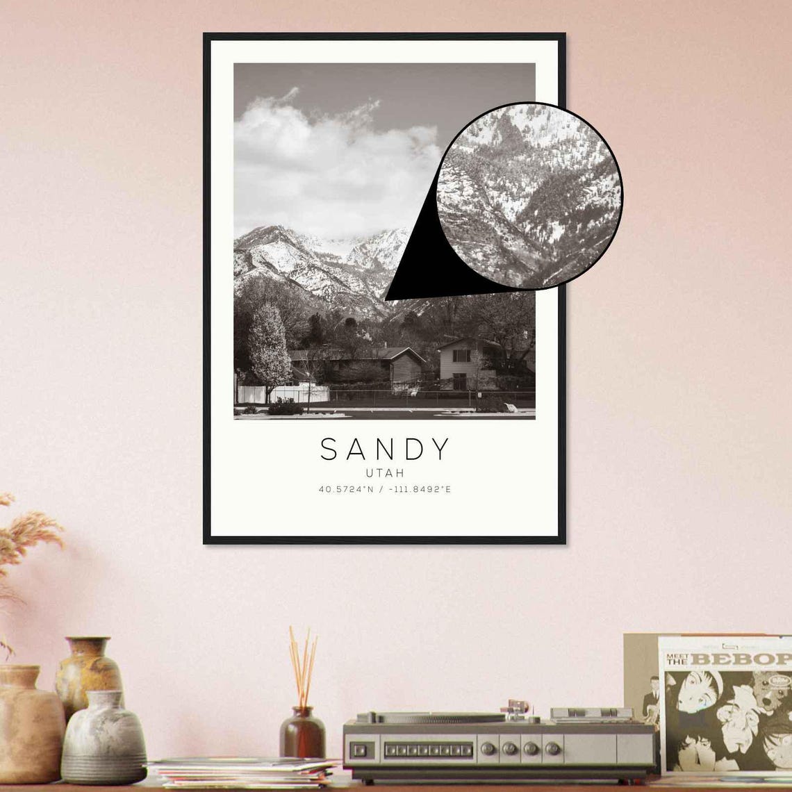 Sandy Utah Snow Capped Mountains Above Homes Monochrome Photo Poster - Image 4