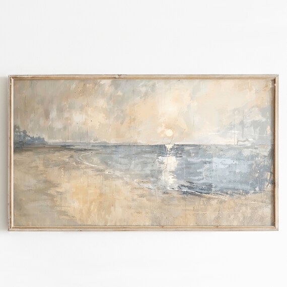 Golden Sunset Beach Seascape Soft Gray Beige Vintage Art Poster