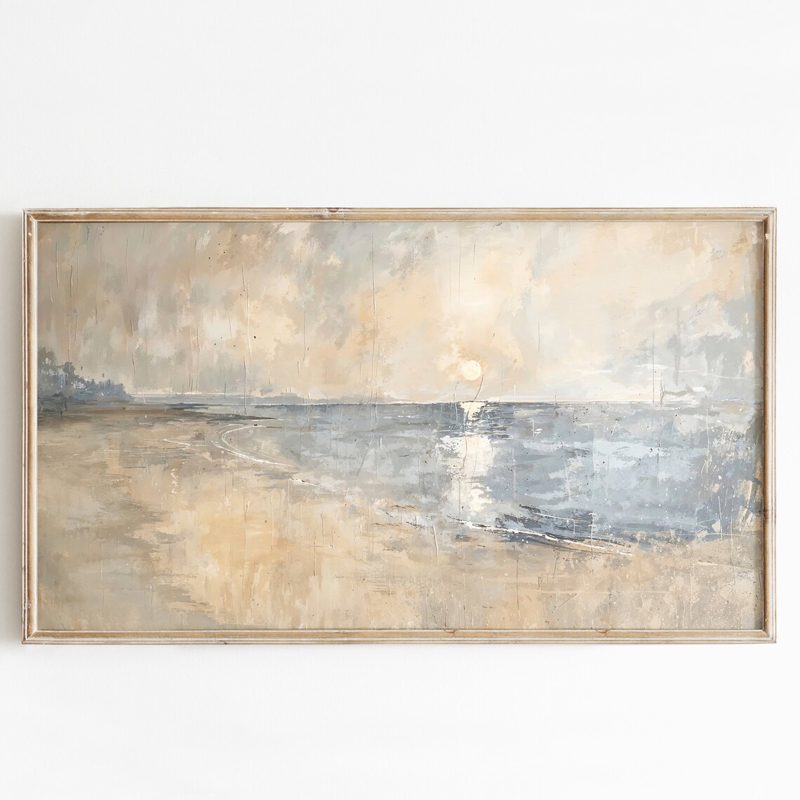 Golden Sunset Beach Seascape Soft Gray Beige Vintage Art Poster