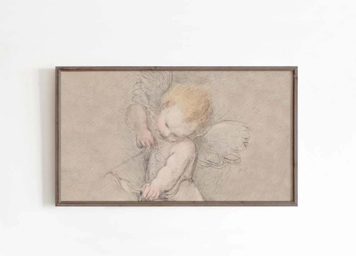 Vintage Cupid Sketch Sepia Angel Bow Drawing Romantic Poster - Image 3