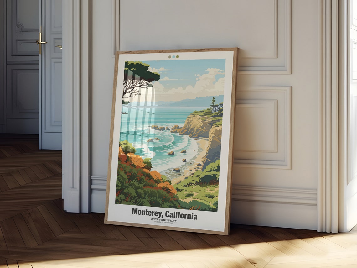 Monterey California Rocky Coast Cliffs Turquoise Waves Travel Poster - Image 2