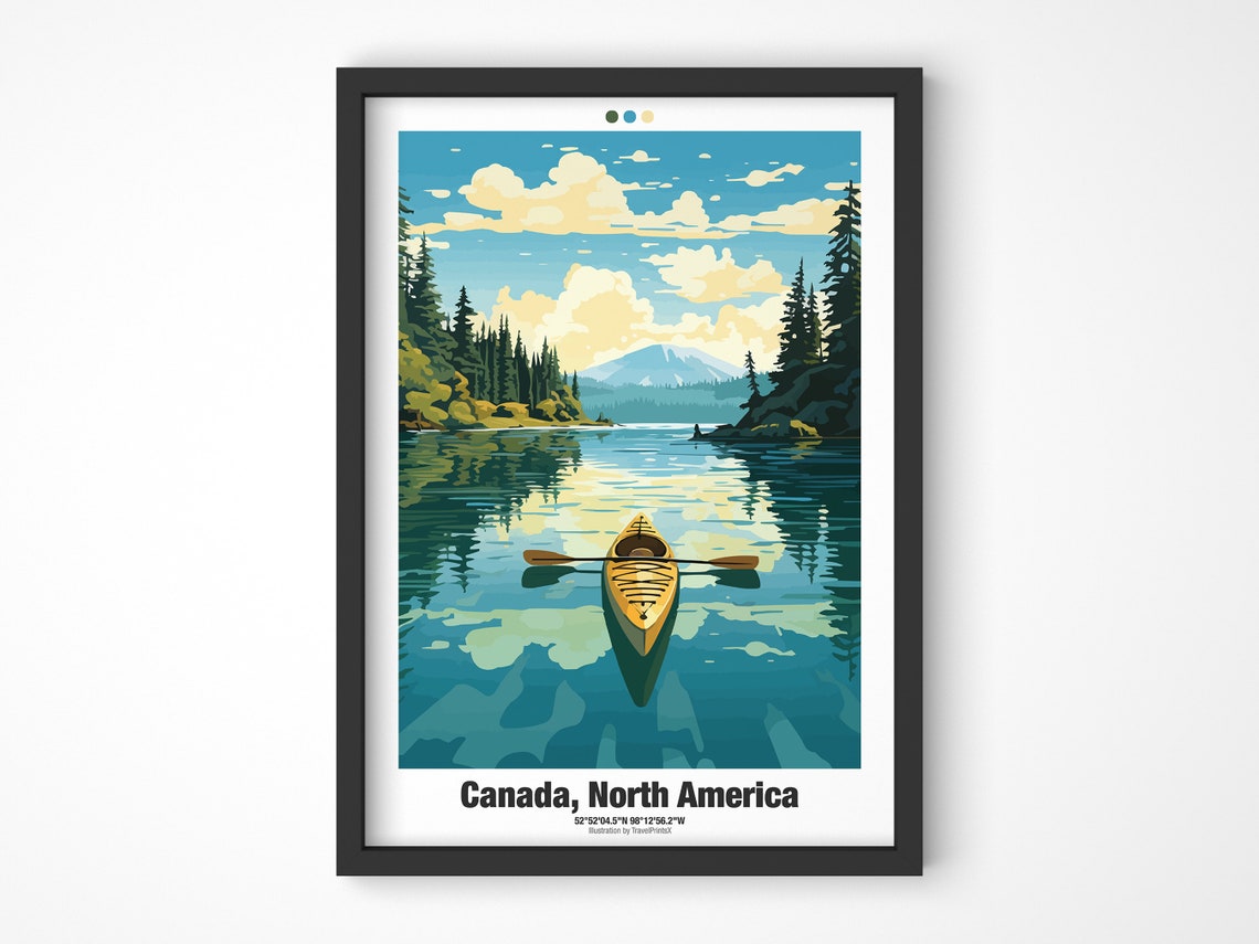 Canada Canoe Mirror Lake Evergreen Forest Mountain Peak Travel Poster - Image 4