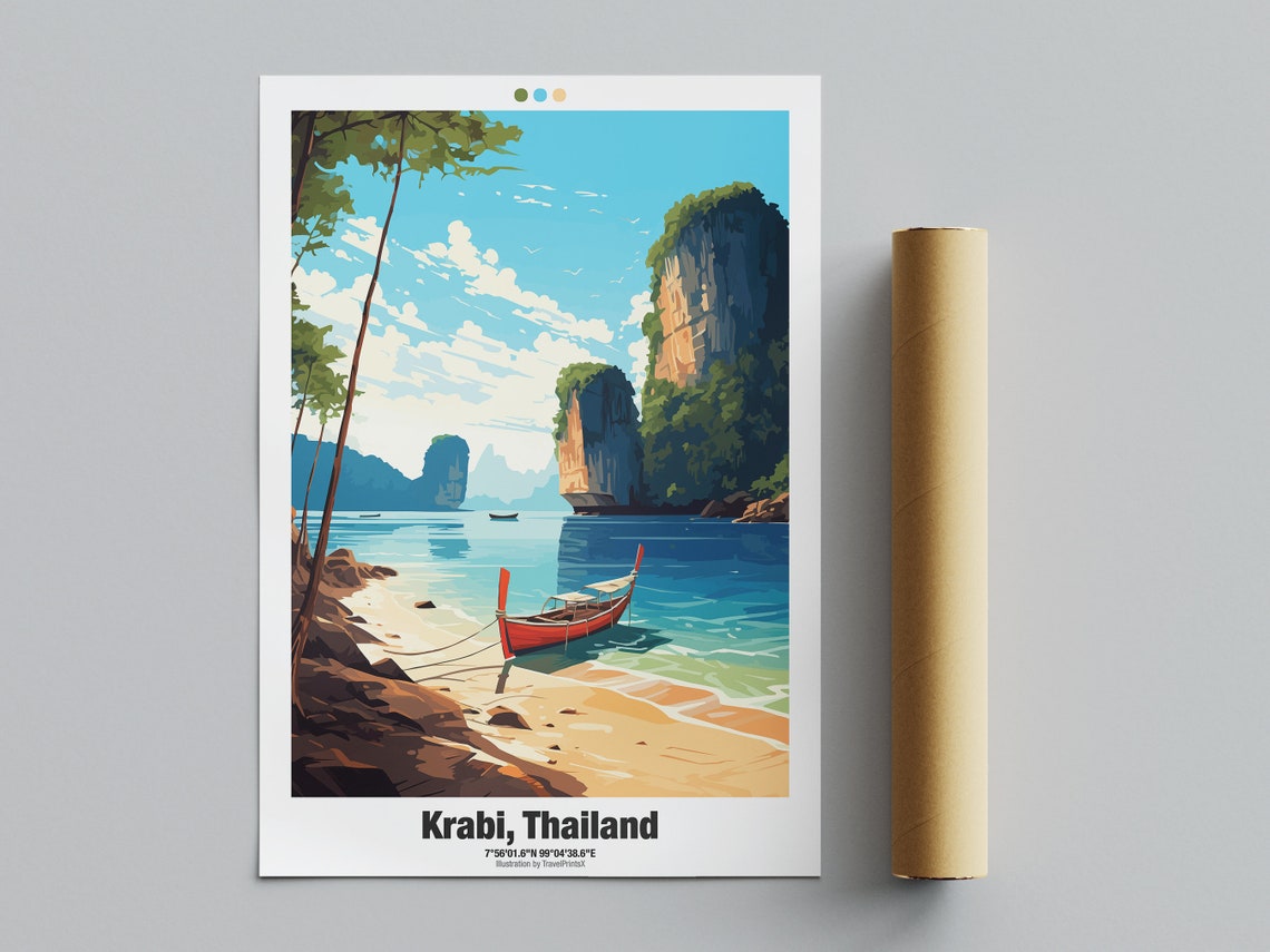 Scenic Krabi Thailand Longtail Boat Limestone Karst Beach Poster