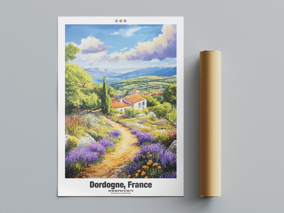 Dordogne France Travel Poster Lavender Path Village Countryside Art - Image 4